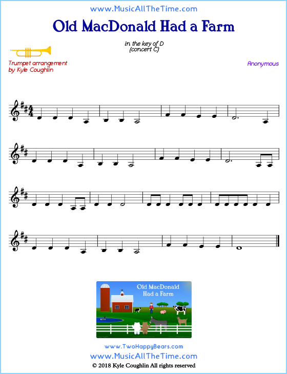 Old MacDonald Had a Farm trumpet sheet music, arranged to play along with other wind and brass instruments. Free printable PDF.