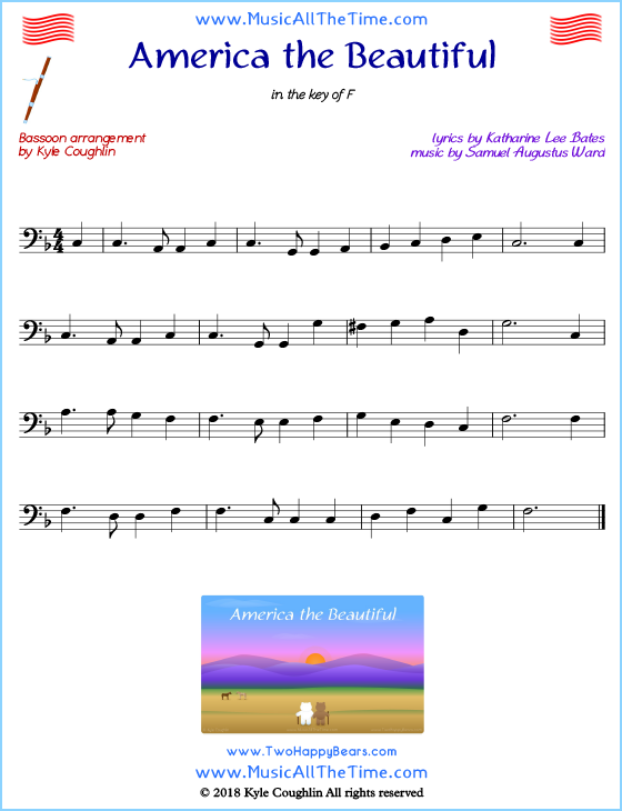 America the Beautiful bassoon sheet music, arranged to play along with other wind and brass instruments. Free printable PDF.