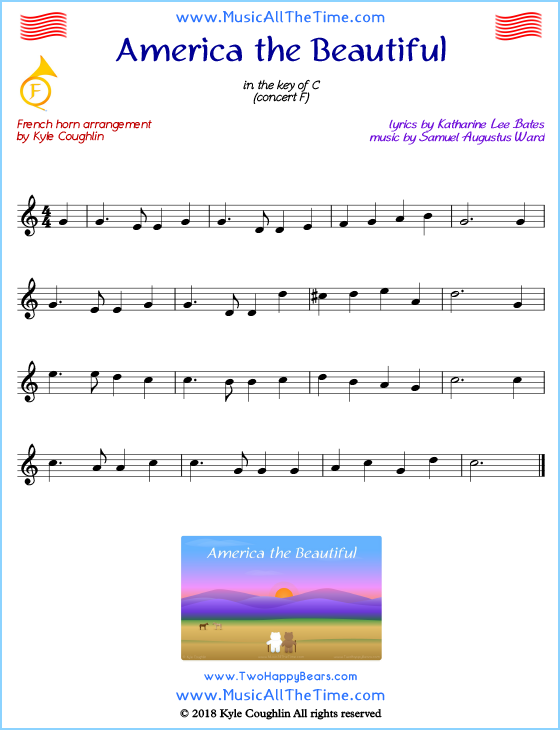 America the Beautiful French horn sheet music, arranged to play along with other wind and brass instruments. Free printable PDF.