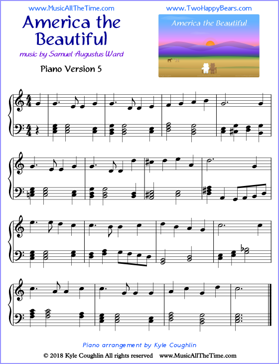 America the Beautiful advanced sheet music for piano. Free printable PDF.