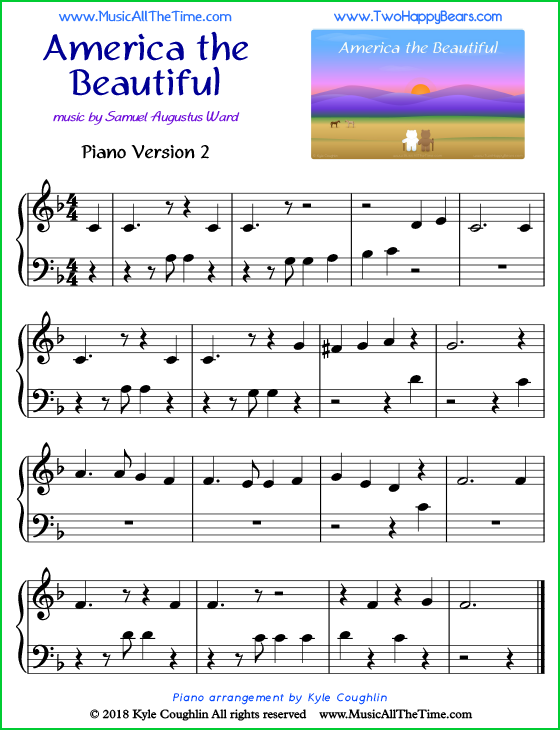 America the Beautiful easy sheet music for piano. Free printable PDF.