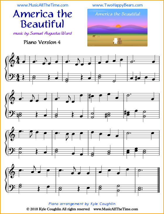 America the Beautiful intermediate sheet music for piano. Free printable PDF.