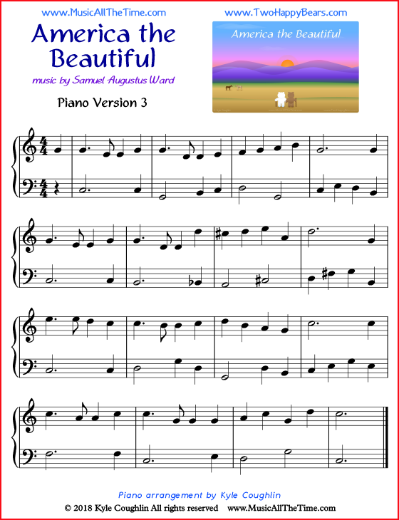 America the Beautiful simple sheet music for piano. Free printable PDF.