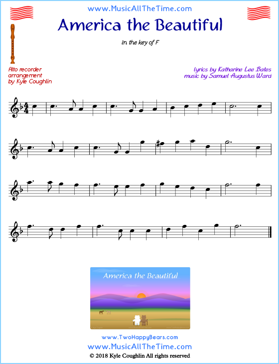 America the Beautiful alto recorder sheet music. Free printable PDF.