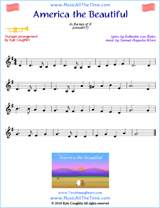 America the Beautiful trumpet sheet music, arranged to play along with other wind and brass instruments. Free printable PDF.
