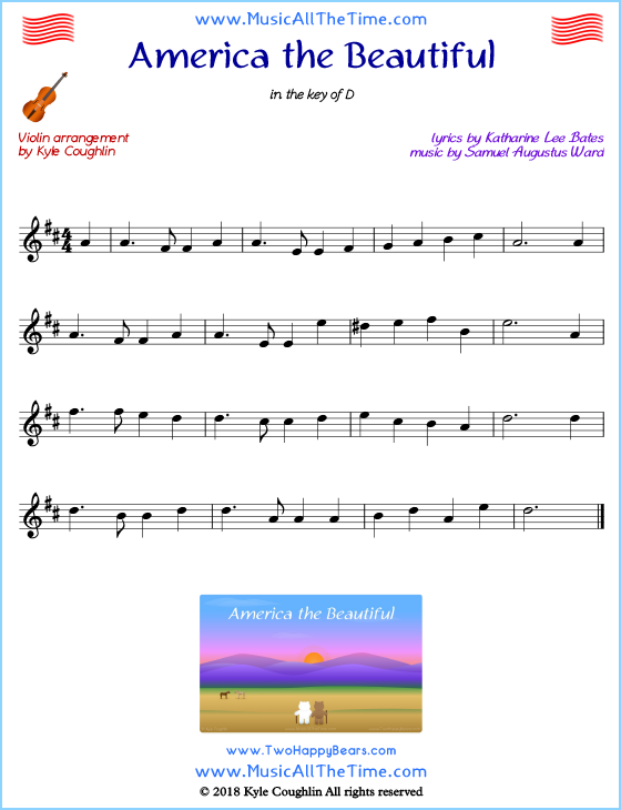 America the Beautiful violin sheet music, arranged to play along with other string instruments. Free printable PDF.