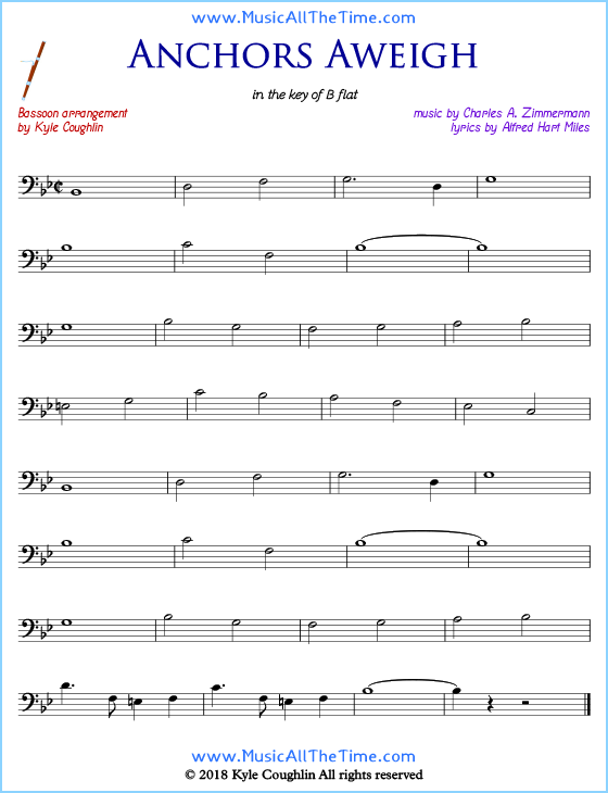 Anchors Aweigh bassoon sheet music, arranged to play along with other wind and brass instruments. Free printable PDF.