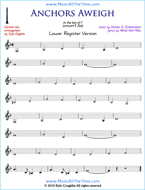 Anchors Aweigh solo clarinet sheet music that is entirely in the lower register. Free printable PDF.