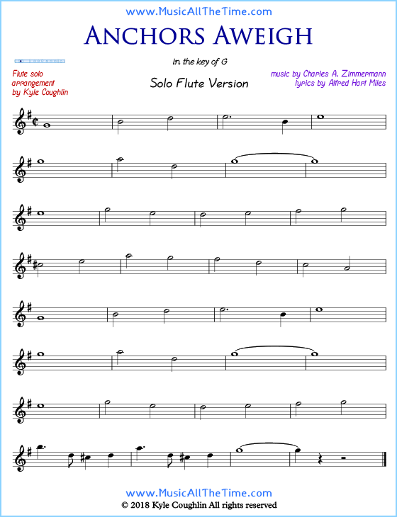 Anchors Aweigh solo flute sheet music. Free printable PDF.