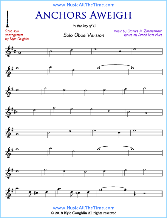 Anchors Aweigh solo oboe sheet music. Free printable PDF.