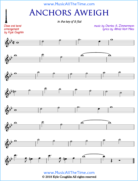 Anchors Aweigh oboe sheet music, arranged to play along with other wind and brass instruments. Free printable PDF.