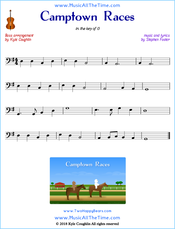 Camptown Races bass sheet music, arranged to play along with other string instruments. Free printable PDF.