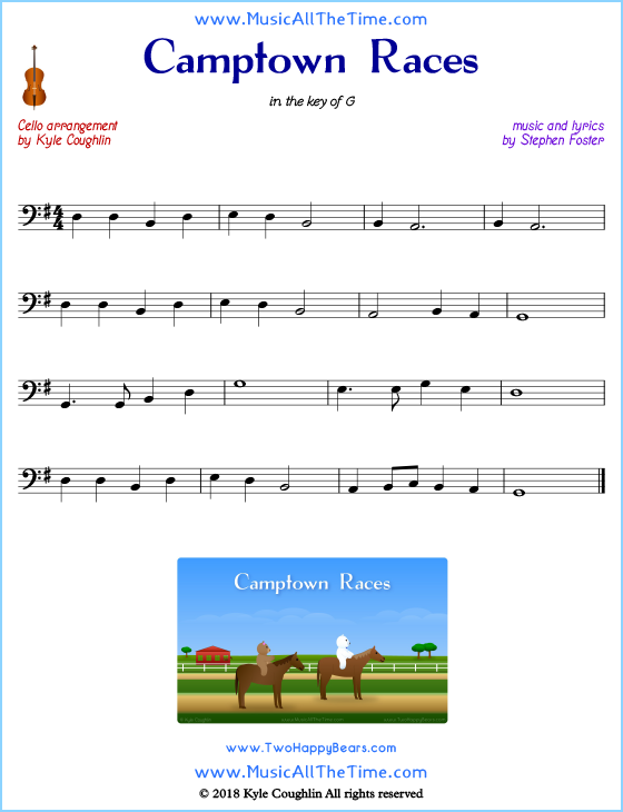 Camptown Races cello sheet music, arranged to play along with other string instruments. Free printable PDF.