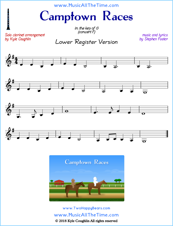 Camptown Races solo clarinet sheet music that is entirely in the lower register. Free printable PDF.