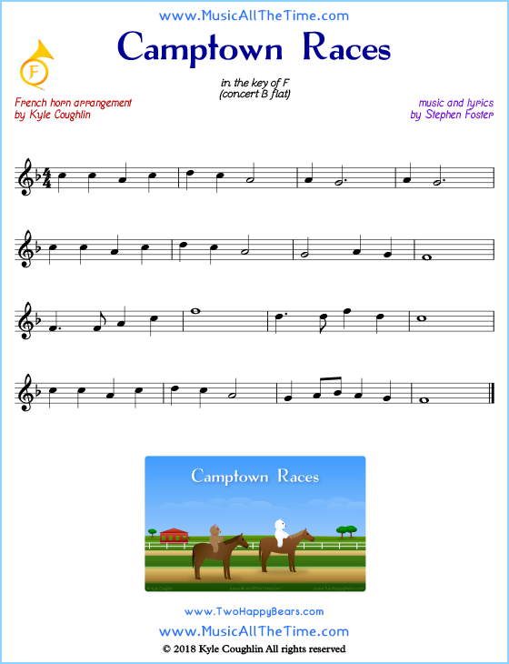 Camptown Races French horn sheet music, arranged to play along with other wind and brass instruments. Free printable PDF.