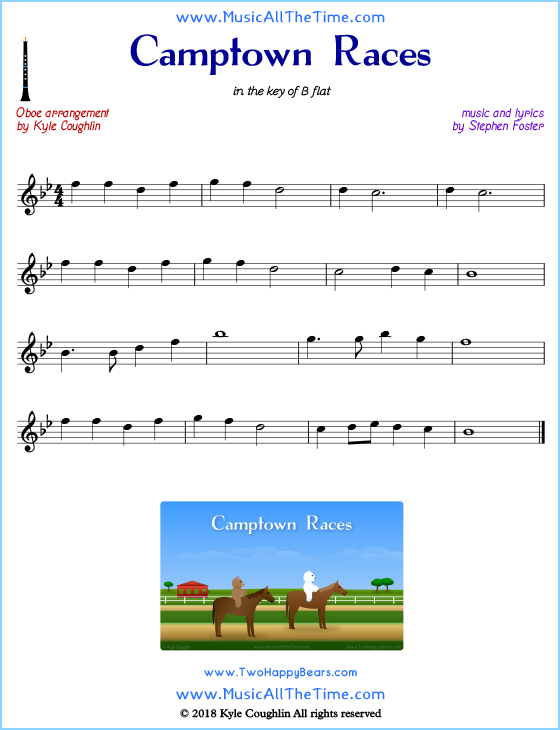 Camptown Races oboe sheet music, arranged to play along with other wind and brass instruments. Free printable PDF.