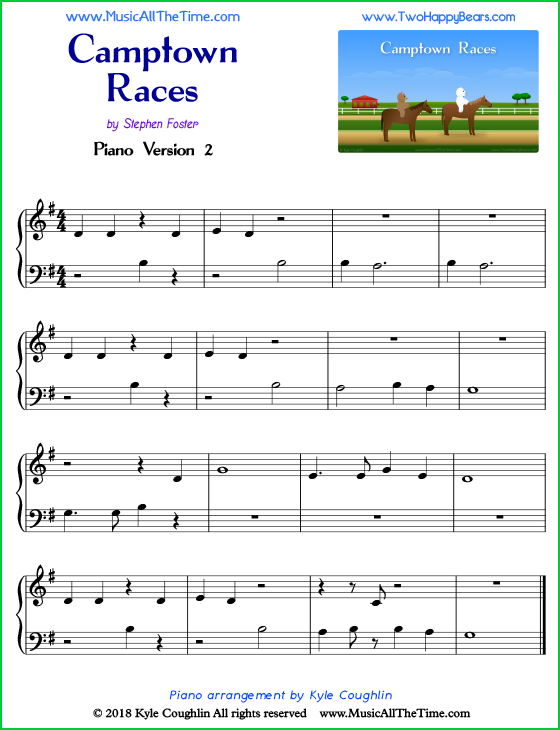 Camptown Races easy sheet music for piano. Free printable PDF.