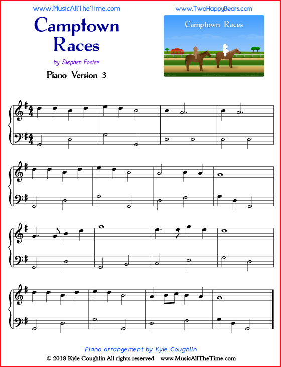 Camptown Races simple sheet music for piano. Free printable PDF.