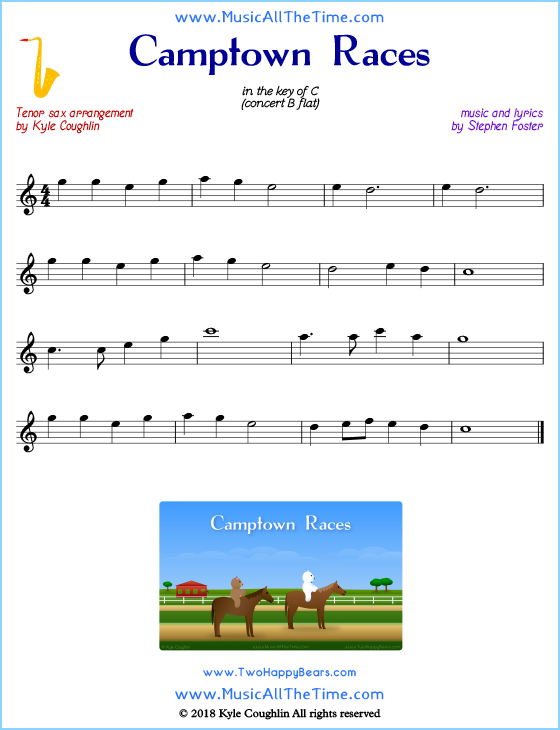 Camptown Races tenor saxophone sheet music, arranged to play along with other wind and brass instruments. Free printable PDF.