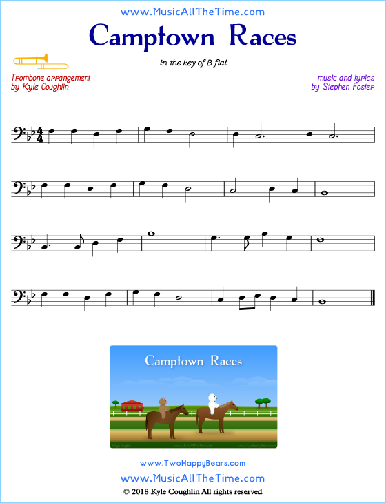 Camptown Races trombone sheet music, arranged to play along with other wind and brass instruments. Free printable PDF.