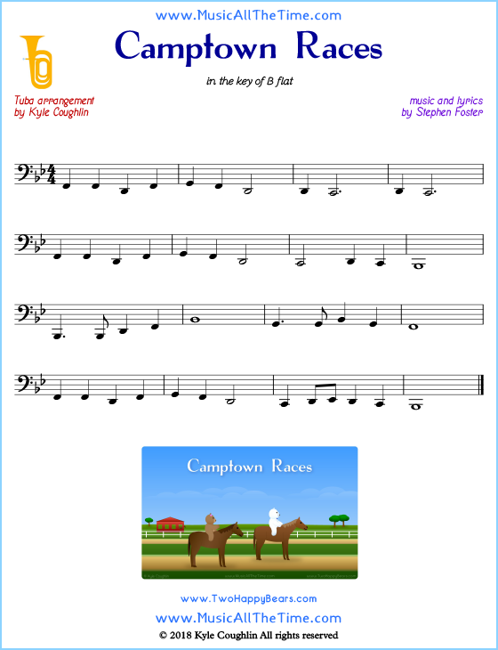 Camptown Races tuba sheet music, arranged to play along with other wind and brass instruments. Free printable PDF.