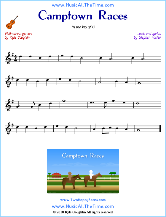 Camptown Races violin sheet music, arranged to play along with other string instruments. Free printable PDF.