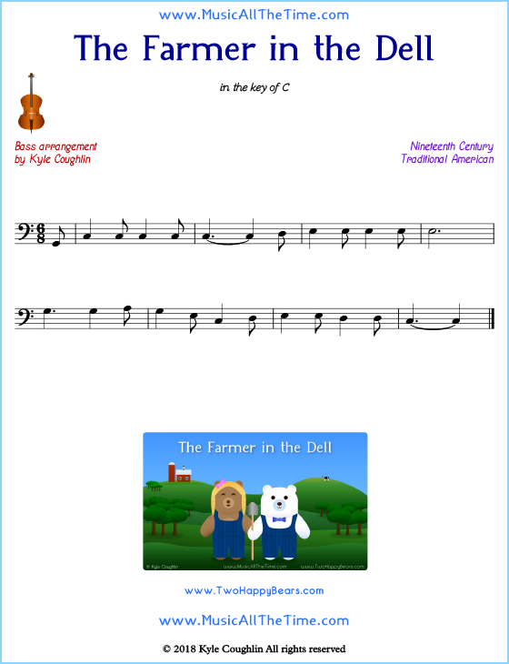 The Farmer in the Dell bass sheet music, arranged to play along with other string instruments. Free printable PDF.