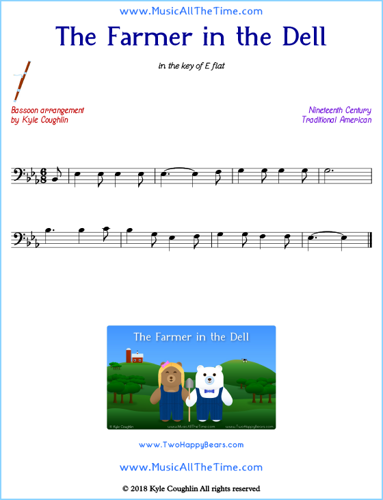The Farmer in the Dell bassoon sheet music, arranged to play along with other wind and brass instruments. Free printable PDF.