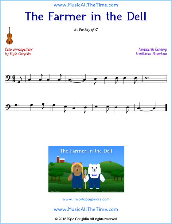 The Farmer in the Dell cello sheet music, arranged to play along with other string instruments. Free printable PDF.