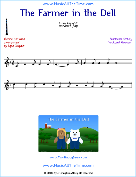 The Farmer in the Dell clarinet sheet music, arranged to play along with other wind and brass instruments. Free printable PDF.