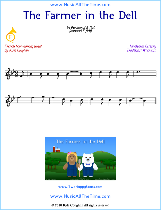 The Farmer in the Dell French horn sheet music, arranged to play along with other wind and brass instruments. Free printable PDF.