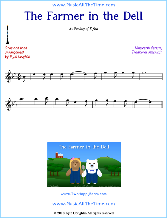 The Farmer in the Dell oboe sheet music, arranged to play along with other wind and brass instruments. Free printable PDF.