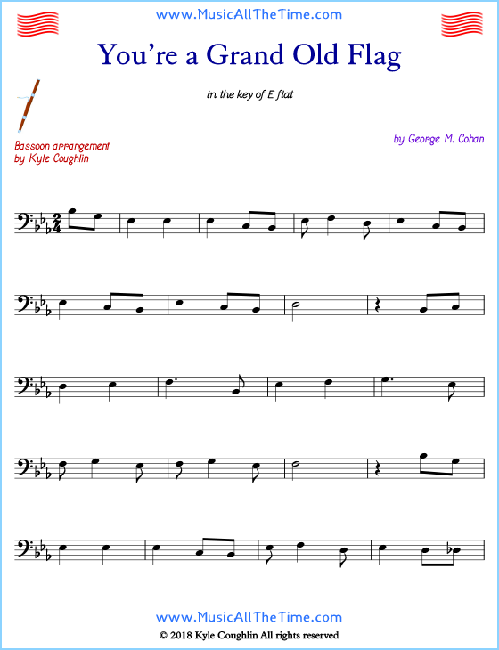 You’re a Grand Old Flag bassoon sheet music, arranged to play along with other wind and brass instruments. Free printable PDF.