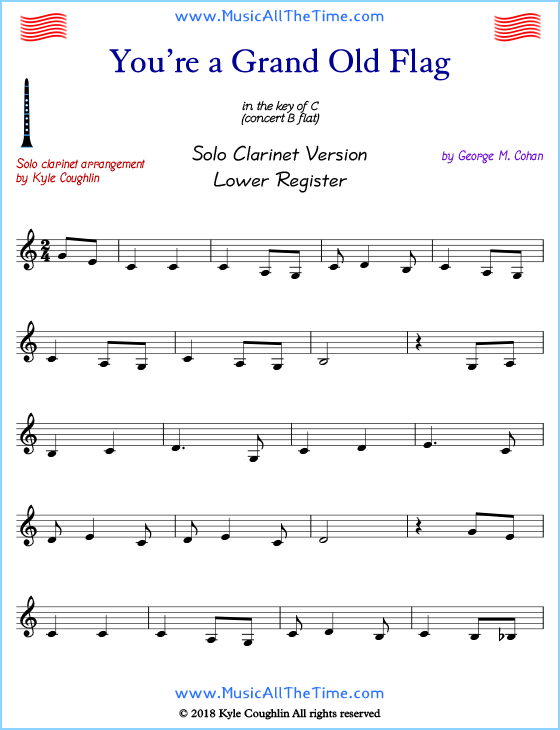 You’re a Grand Old Flag solo clarinet sheet music that is entirely in the lower register. Free printable PDF.