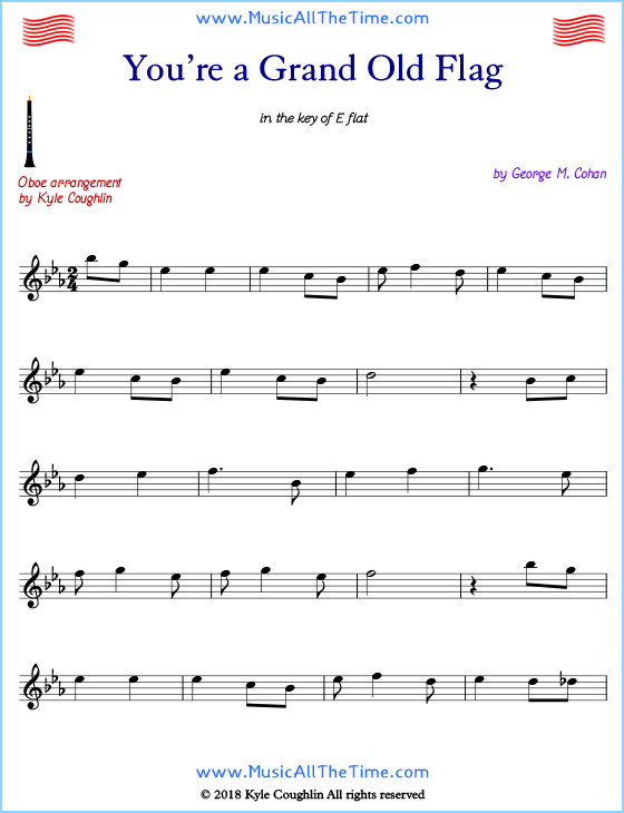 You’re a Grand Old Flag oboe sheet music, arranged to play along with other wind and brass instruments. Free printable PDF.