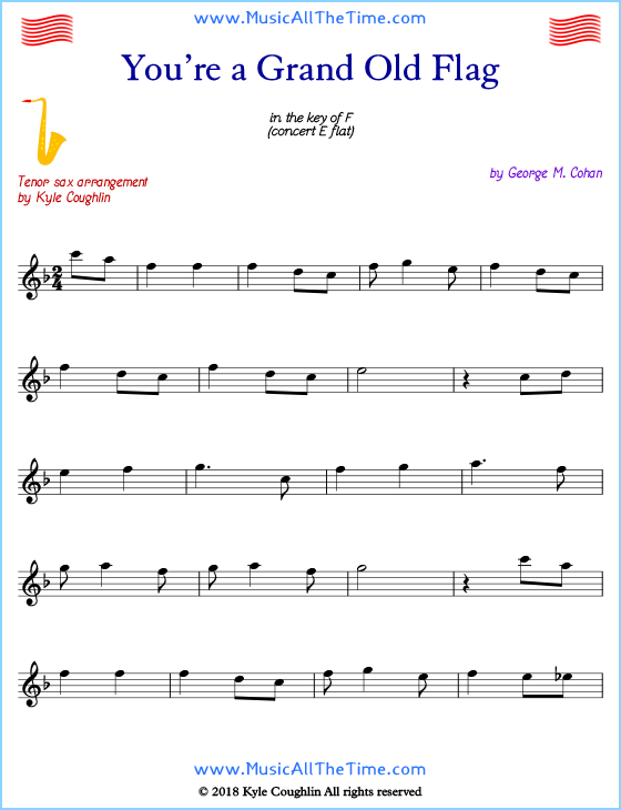 You’re a Grand Old Flag tenor saxophone sheet music, arranged to play along with other wind and brass instruments. Free printable PDF.