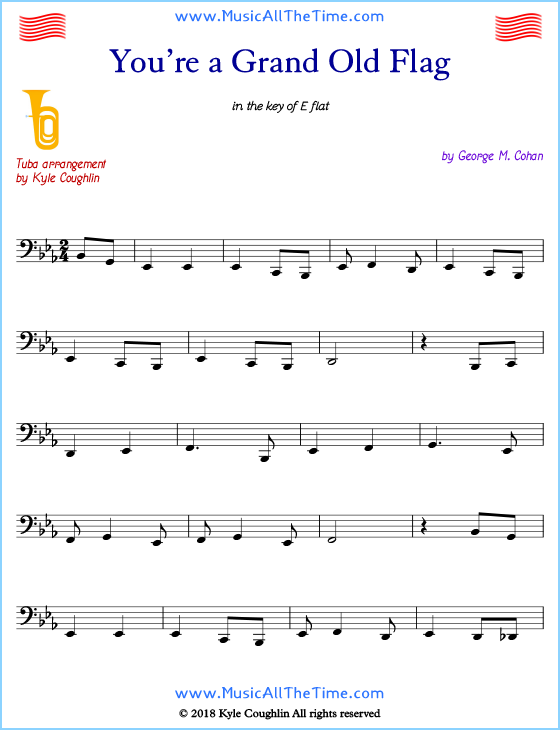 You’re a Grand Old Flag tuba sheet music, arranged to play along with other wind and brass instruments. Free printable PDF.