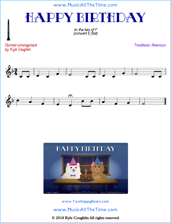 Happy Birthday clarinet sheet music, arranged to play along with other wind and brass instruments. Free printable PDF.