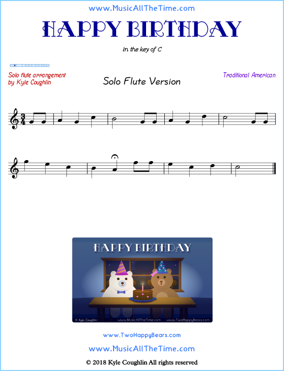 Happy Birthday solo flute sheet music. Free printable PDF.