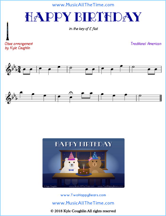 Happy Birthday oboe sheet music, arranged to play along with other wind and brass instruments. Free printable PDF.
