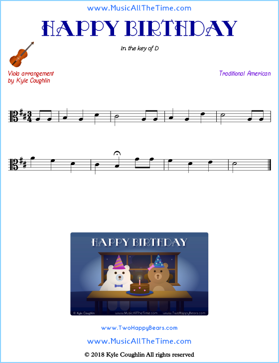 Happy Birthday viola sheet music, arranged to play along with other string instruments. Free printable PDF.