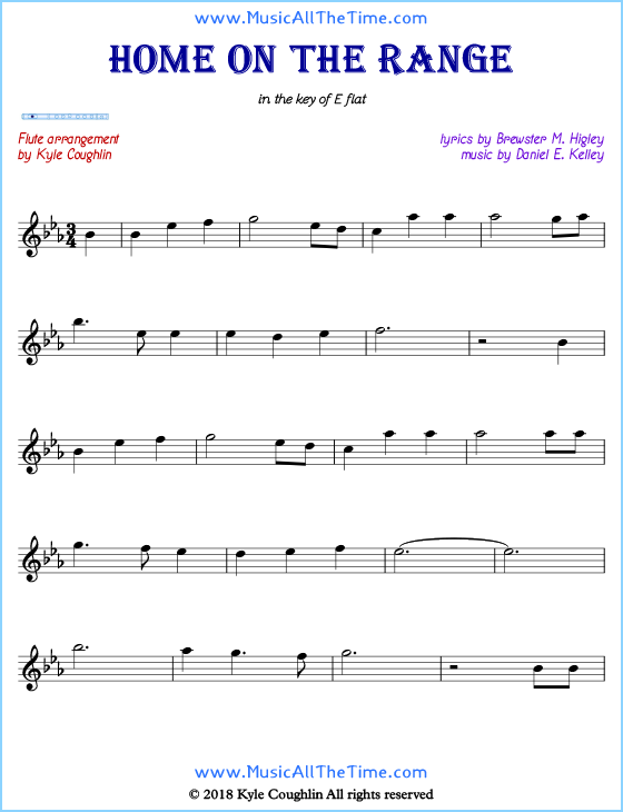 Home on the Range flute sheet music, arranged to play along with other wind and brass instruments. Free printable PDF.