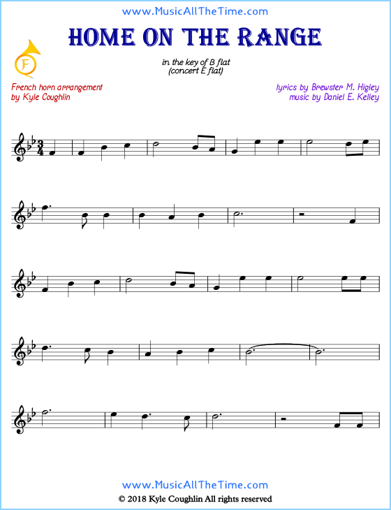 Home on the Range French horn sheet music, arranged to play along with other wind and brass instruments. Free printable PDF.