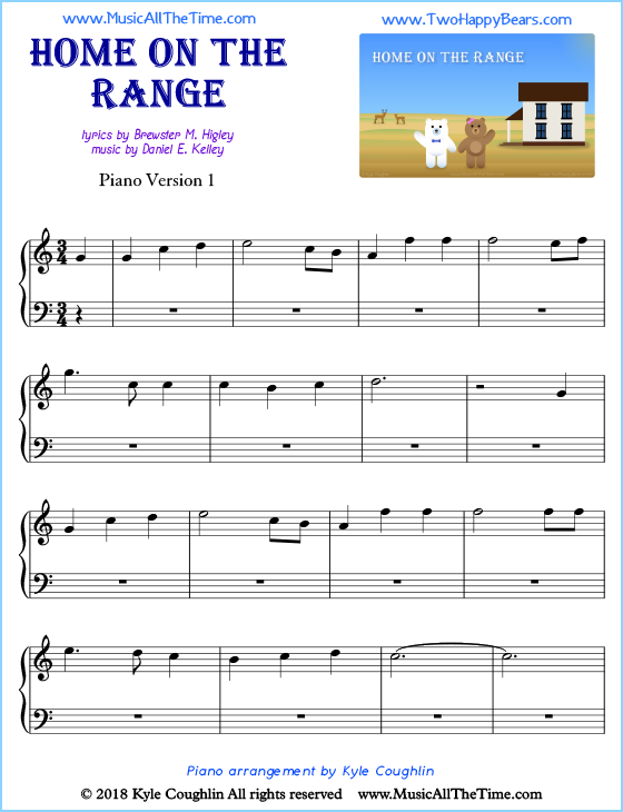 Home on the Range beginner sheet music for piano. Free printable PDF.