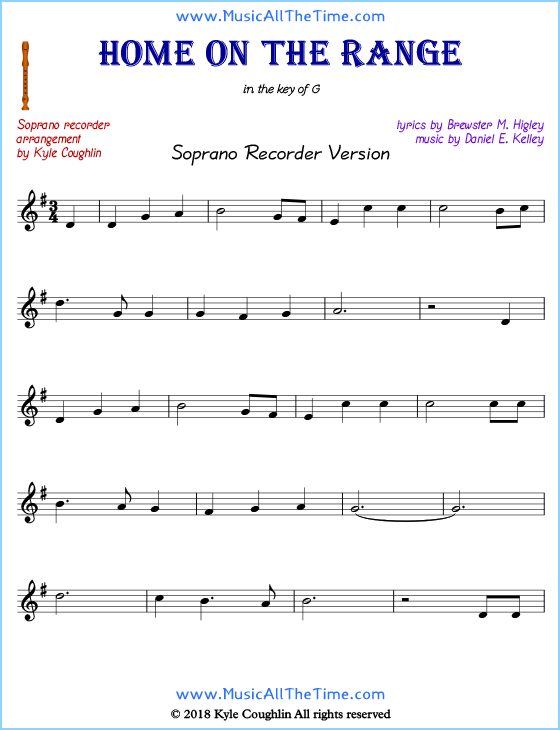 Home on the Range soprano recorder sheet music. Free printable PDF.