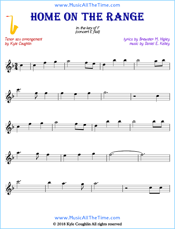 Home on the Range tenor saxophone sheet music, arranged to play along with other wind and brass instruments. Free printable PDF.
