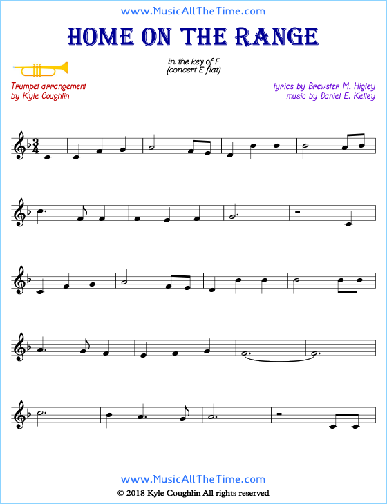 Home on the Range trumpet sheet music, arranged to play along with other wind and brass instruments. Free printable PDF.