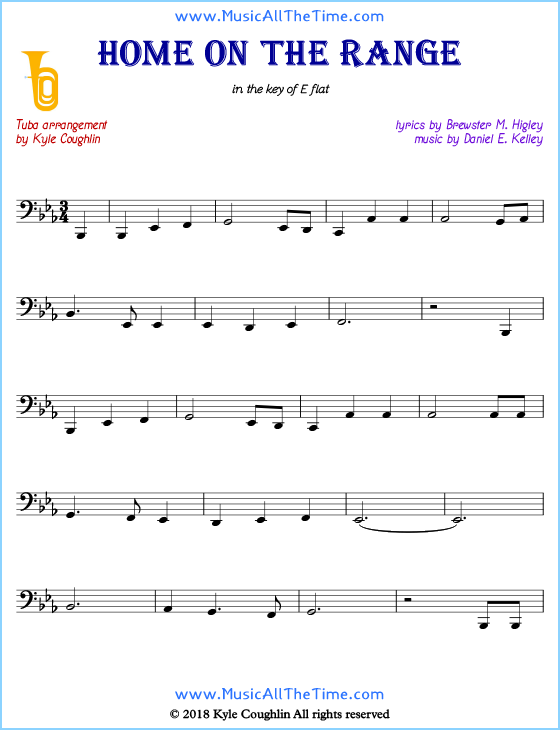 Home on the Range tuba sheet music, arranged to play along with other wind and brass instruments. Free printable PDF.