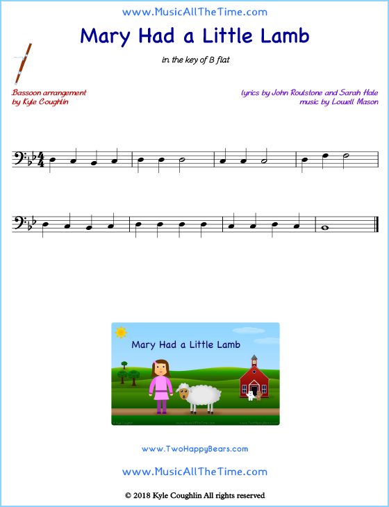 Mary Had a Little Lamb bassoon sheet music, arranged to play along with other wind and brass instruments. Free printable PDF.