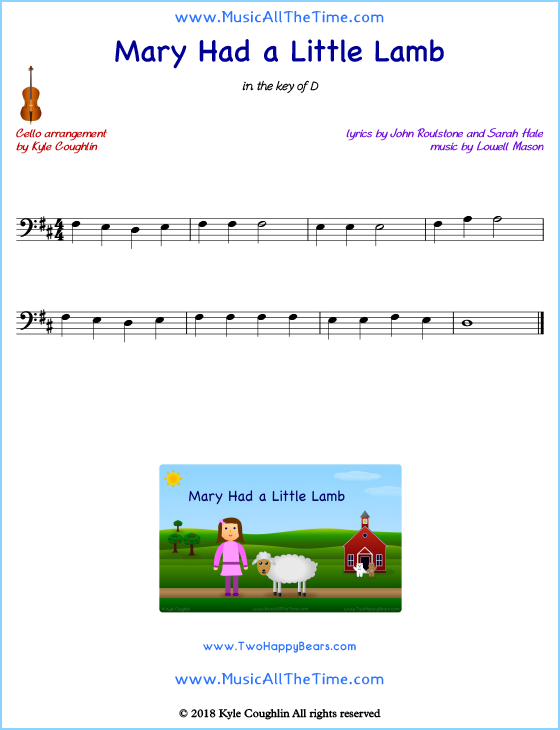 Mary Had a Little Lamb cello sheet music, arranged to play along with other string instruments. Free printable PDF.